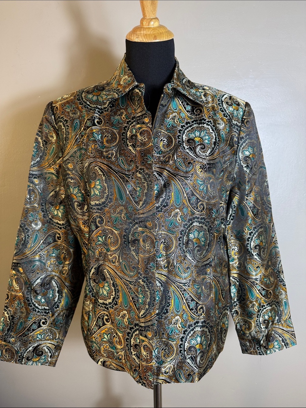 Vintage Brownstone Studio Black Teal Gold Silver Metallic Paisley Print Jacket